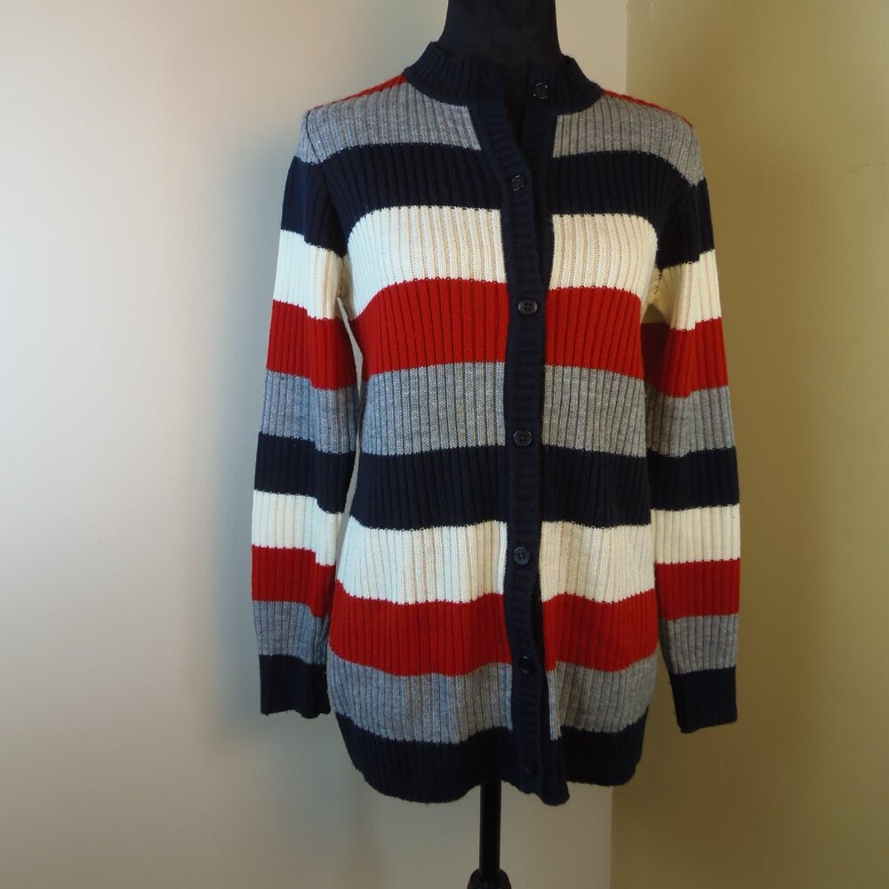 Vintage‎ Catalina Blue-Red-Gray Striped Button Up Cardigan Women's Sz L